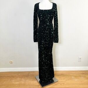 Lulus Maxi Dress Rhonna Size Medium Green Sequin Velvet Mermaid Open Back New